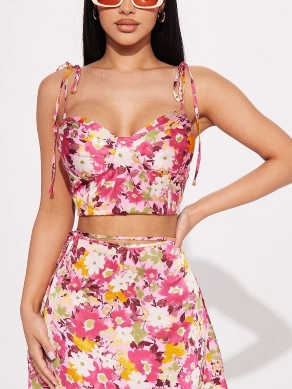 Fashion Nova Pink Floral Tie-Shoulder Bustier Crop Top And Skirt
